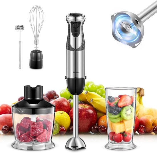 Krachtige 5-in-1 Staafmixer met RVS, 1000 W, 12 Snelheden, Inclusief Klopper, Melkschuimer, 500 ml Hakmolen en 600 ml Maatbeker voor Soepen en Sauzen van Merkloos
