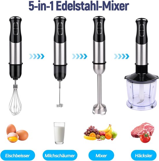 Krachtige 5-in-1 Staafmixer Set: 1000W, 21 Snelheden, Turbo, Hakmolen & Garde van Merkloos