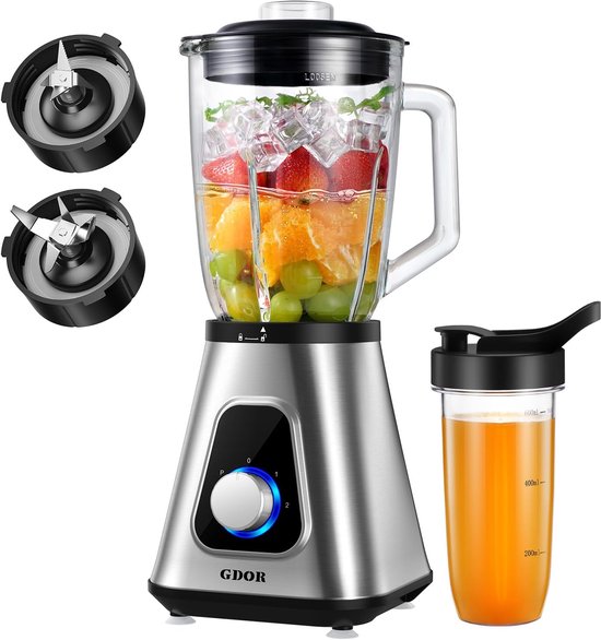 Krachtige Blender - Smoothie Maker - Gezonde Dranken - Glazen Kan - 15 Liter Kan - Zilver van Merkloos