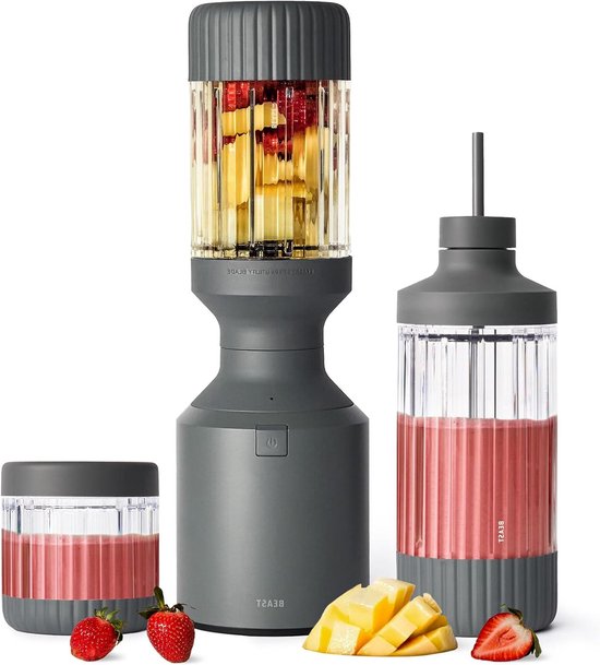 Krachtige Blender - Smoothie Maker - Gezonde Drankjes Maken - Compleet Met To-Go Bekers - 1200 ml - Donkergrijs