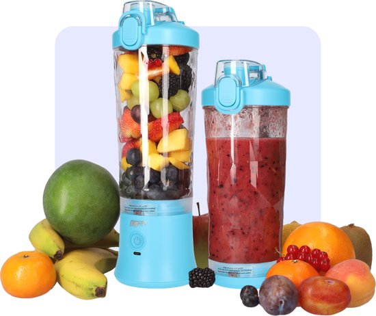 Krachtige Draadloze Blender To Go - Smoothie Maker voor Onderweg - Draagbare Blender met Drinkdop - Mixer voor smoothies - Draadloos opladen mogelijk! - Handmixer voor gezonde drankjes - 600ml - Blauw van Merkloos