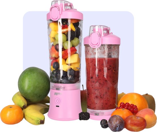 Krachtige Draadloze Blender To Go - Smoothie Maker voor Onderweg - Draagbare Blender met Drinkdop - Mixer voor smoothies - Draadloos opladen mogelijk! - Handmixer voor gezonde drankjes - 600ml - Roze van Merkloos