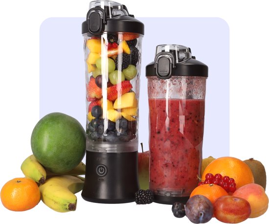 Krachtige Draadloze Blender To Go - Smoothie Maker voor Onderweg - Draagbare Blender met Drinkdop - Mixer voor smoothies - Draadloos opladen mogelijk! - Handmixer voor gezonde drankjes - 600ml - Zwart van FB Pro