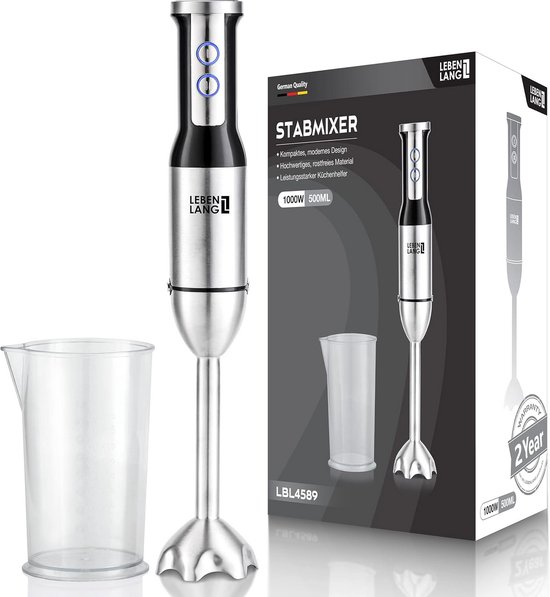 Krachtige Staafmixer 1000W RVS - 8 Snelheden & Turbo - Anti-Spat Kap voor Soepen en Sauzen van Merkloos