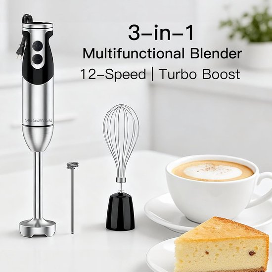 Krachtige Staafmixer 3-in-1 met 12 Snelheden - Titanium Gecoate RVS Messen