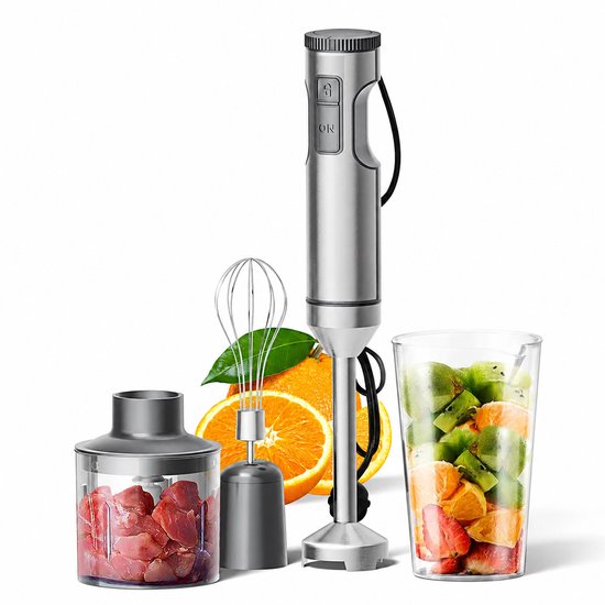 Krachtige staafmixer - 4-in-1 roestvrijstalen staafmixer - max. 1200 W - 15.000 tpm, 700 ml maatbeker - 500 ml hakmolen - garde voor soepen en sauzen