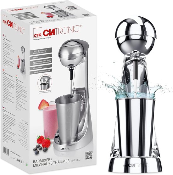 Krachtige Staafmixer en Melkopschuimer met Rvs Beker | 2 Snelheden | 650 ml | Chroom Design