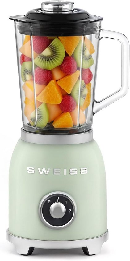 Krachtige Vintage Stijl Blender met Glazen Kom, 1000W en 6 RVS Messen van Merkloos