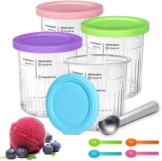 Kraftverdia® - Creami bekers geschikt voor Ninja Creami Deluxe Pints - 16 oz Ijsjeshouder - Creami containers geschikt voor ninja ijsmachine NC301 NC300 NC299AMZ-Serie - vervanging - BPA-vrij - afwasmachinebestendig - Accessoires - deksels