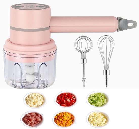 KZQ Draadloze 2-in-1 keukenmixer en knoflookstamper - Handmixer voor bakken en ingrediënten mengen - Compact en krachtig voor thuisgebruik - Roze