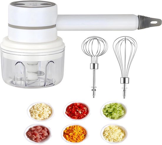 KZQ Draadloze 2-in-1 keukenmixer en knoflookstamper - Handmixer voor bakken en ingrediënten mengen - Compact en krachtig voor thuisgebruik - Wit