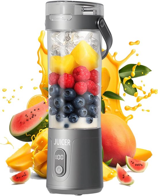 KZQ Draagbare Blender 600ml - Elektrische Mini Sapcentrifuge Met Usb Voor Fruit Shakes En Smoothies - Geschikt Voor Thuis Kantoor School En Buiten - Digitaal Display Grijs