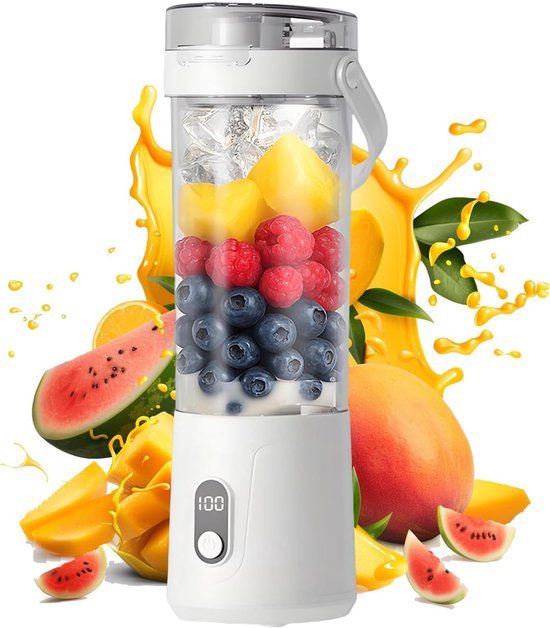 KZQ Draagbare Blender 600ml - Elektrische Mini Sapcentrifuge Met Usb Voor Fruit Shakes En Smoothies - Geschikt Voor Thuis Kantoor School En Buiten - Digitaal Display Wit