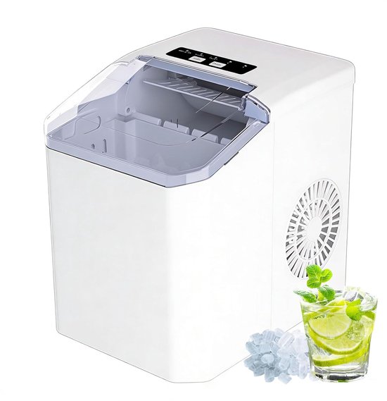 KZQ Draagbare IJsblokjesmachine - 1 3 Liter - 9 IJsblokjes In 6 Minuten - 2 Groottes - Zelfreinigend - 12kg Per 24 Uur - Incl Schep En Lekbak - Wit