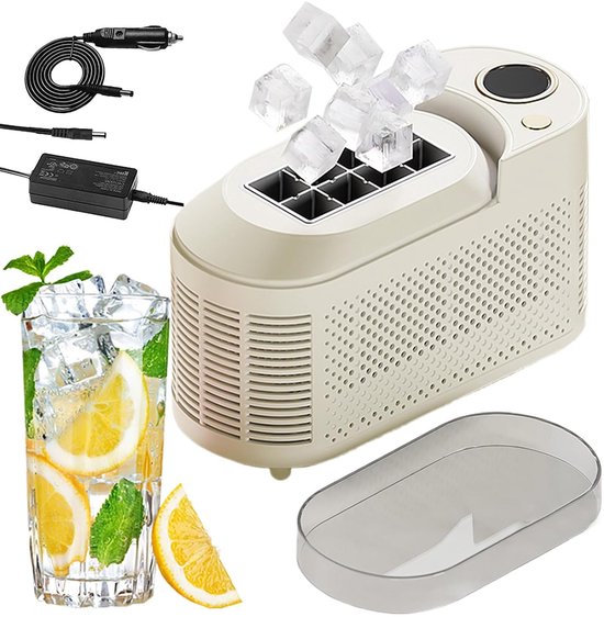 KZQ Ijsblokjesmachine – Draagbare ijsblokjesmachine – Tafelmodel ijsblokjesmachine – Maakt 8 blokjes per keer – Snelle ijsproductie in 10 minuten – Geschikt voor 12V-autostroom – Geschikt voor thuis, in de auto en buitenshuis – Beige
