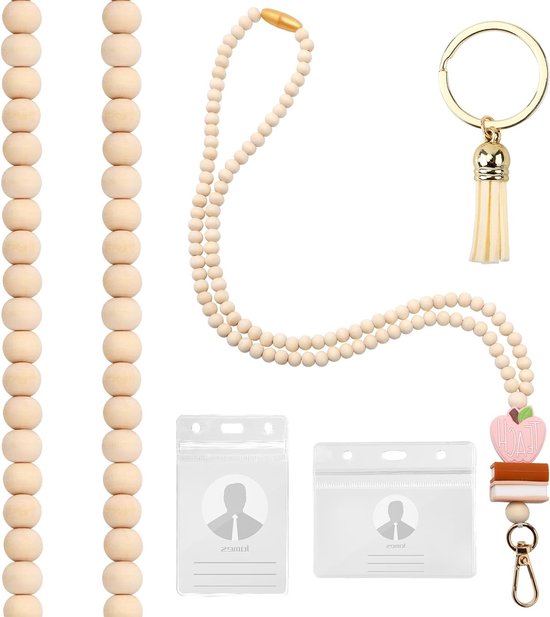 Leraren Lanyard met ID Houder en Houten Kralen, Schattige Lanyard voor Dames, Sleutelhangers en Kaarten, Houtkleur van Merkloos