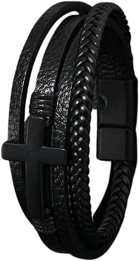 Leren armband met kruis, magnetische sluiting, voor mannen, roestvrij staal, premium kwaliteit, gevlochten design, perfect cadeau voor elke gelegenheid van Merkloos