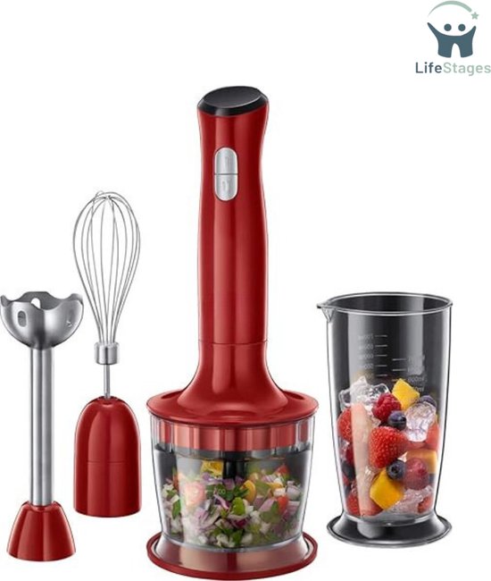 LifeStages - Hand Blender - 3-in-1 Staafmixer - Ergonomisch Handvat - Gemakkelijk Schoon Te Maken - Rood van LifeStages