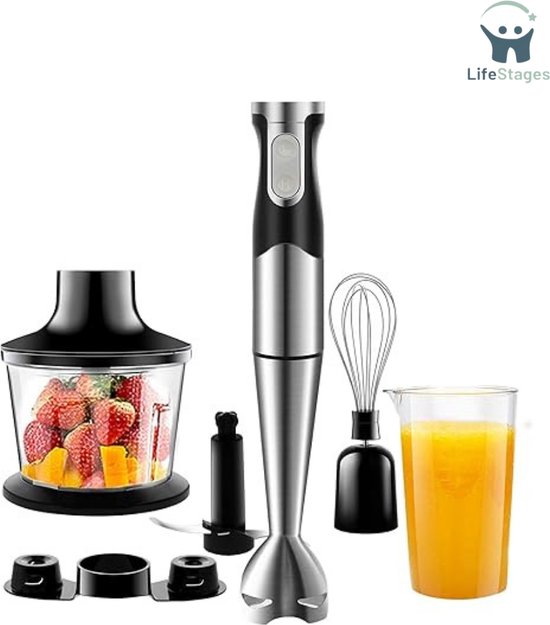 LifeStages - Hand Blender - Multifunctionele Handmixer Van Roestvrij Staal - Met Spatbescherming - Instelbaar - Zwart - Grijs van LifeStages