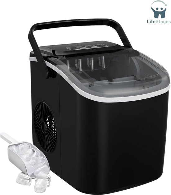 LifeStages - Ijsblokjesmachine - Ijsblokjesmaker Met Ijsschep - 9 Blokjes In 8 Min. - Draagbaar Met Handvat - Zwart van Merkloos