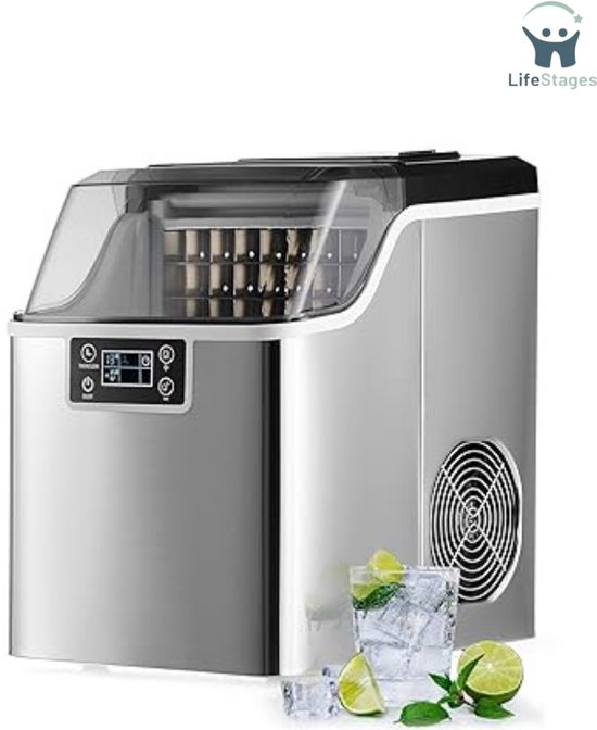 LifeStages - Ijsblokjesmachine - Roestvrijstalen Ijsblokjesmachine Met 2,3kg Bunker - 3,2 Liter Waterreservoir - Luchtkoeling - LED-Display En Zelfreinigende Functie Voor Thuisgebruik van LifeStages