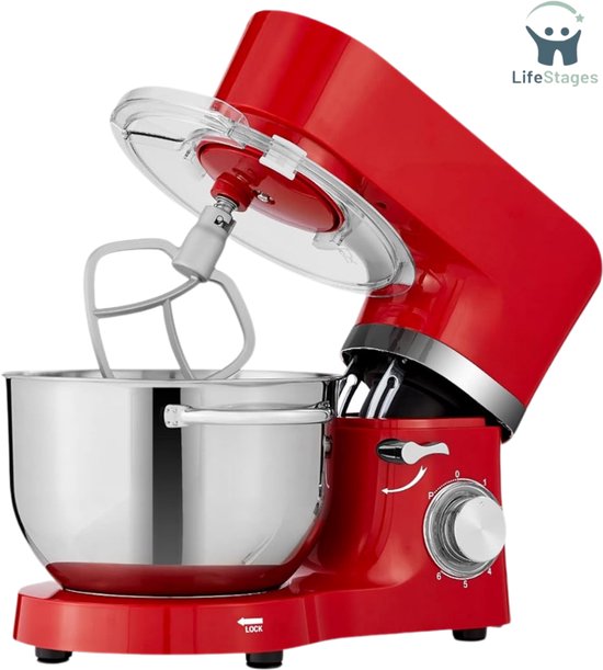 LifeStages - Keukenmachines & Mixers - Keukenrobot - 1500 W Kneedmachine Met 2 Roestvrijstalen Mengkommen Van 4,5 En 5,5 Liter - Geluidsarme Keukenmixer Met Roerhaak - Kneedhaak - Knopbezem En Spatbescherming - 6 Snelheden - Rood van Merkloos