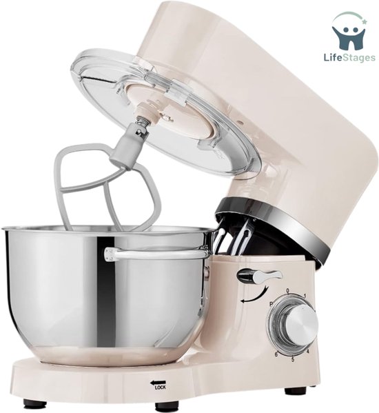 LifeStages - Keukenmachines & Mixers - Keukenrobot - 1500W Mixer Met 2x Roestvaststalen Mengkommen - Geluidsarm - Keukenmixer Met Klopperhaak - Kneedhaak - Klopper En Spatbescherming - 6 Snelheden - Crème van LifeStages