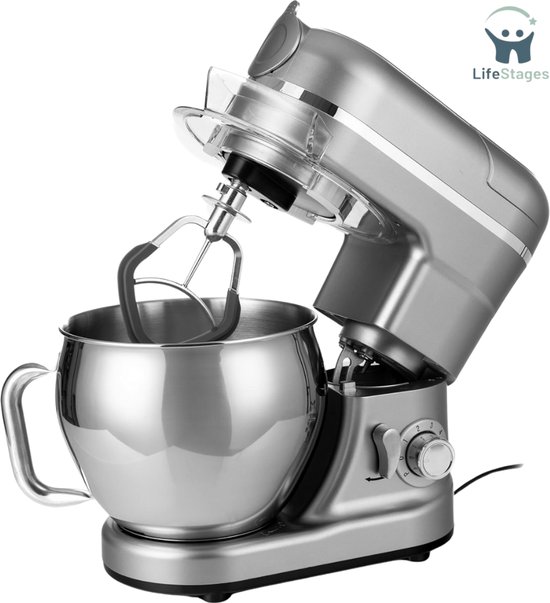 LifeStages - Keukenmachines & Mixers - Multifunctionele Keukenmachine 3 in 1 - 3000 W - Kneed En Roermachine Met Vleesmolen - En 1,5 Liter Citruspers Met Planetair Systeem - Inclusief Worstset - Muffinbakjes En Bakset - Zilver van LifeStages