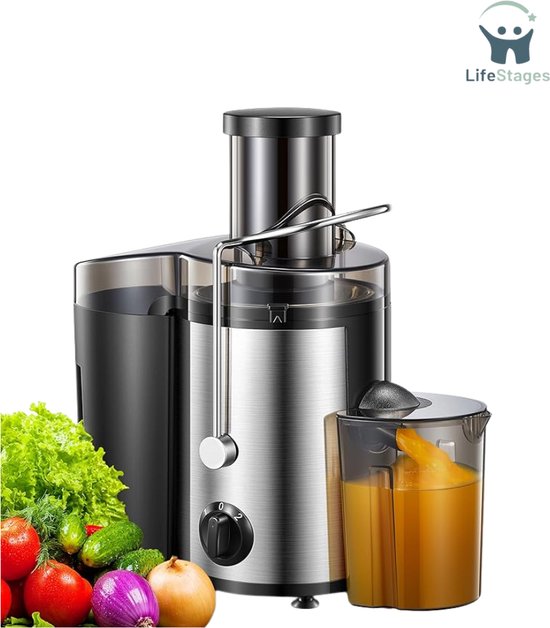 LifeStages - Sapcentrifuges groenten en fruit - Centrifugale Sapcentrifuge Machines voor Hele Groenten en Fruit - 3 inch Brede Mond Sapcentrifuge met 2 Snelheden - Borstel Inbegrepen - Gemakkelijk Schoon te Maken - 800 W van Merkloos