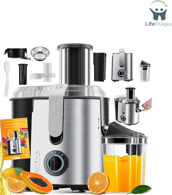 LifeStages - Sapcentrifuges groenten en fruit - Sapcentrifuge voor fruit en groenten gemaakt van roestvrij staal - Grote invoeropening van 85 mm incl. reinigingsborstel en sapreservoir 3 snelheidsstanden - 1100W - Roestvrij Staal van Merkloos