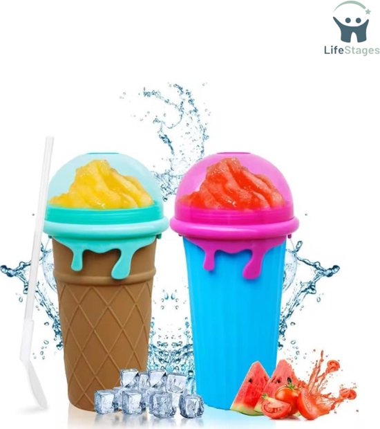 LifeStages - Slush Puppy Maker - Slushy Maker 2 Stuks - 500 ML Blauw & Bruin - Slush Puppy Maker - Slushy Beker - Ijsvormpjes - Incl. Eetlepel En Rietje - Slush Puppy Machine Voor Thuis - Slush Maker Beker van LifeStages