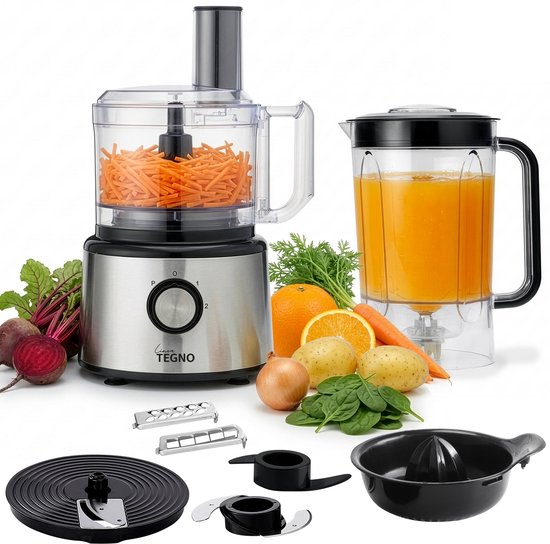 Linea Tegno Food Processor PRO-FP8001 - 5-in-1 RVS keukenmachine: blender, hakmolen, groentesnijder, citruspers en mixer in één. Voor groenten, fruit, noten, soepen, deegsoorten. 2,3L kom - Sinaasappels persen. 2,7L blender voor smoothies & shakes van Merkloos