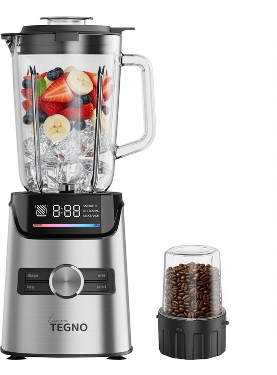 Linea Tegno Power Blender PRO-BL2030 - Professionele Smoothies & Shakes maker - 1400W - 1.7L Glazen beker, LED-kleurendisplay- met extra 250ML koffiemaler - Krachtig, stil en eenvoudig reinigen. van Merkloos