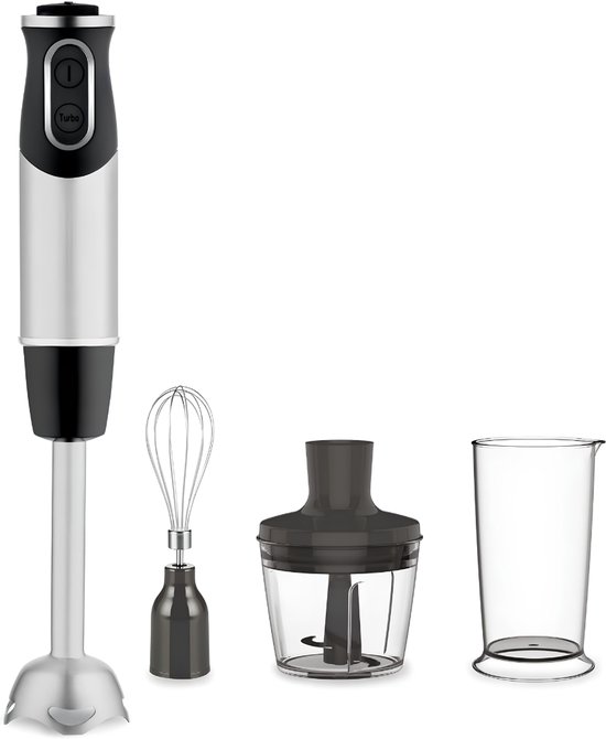 Lìon® Staafmixer Set - Met Hakmolen 500 ml en Garde - 3-in-1 Staafmixer - Zilver/Zwart - 7cm x 7cm x 40cm
