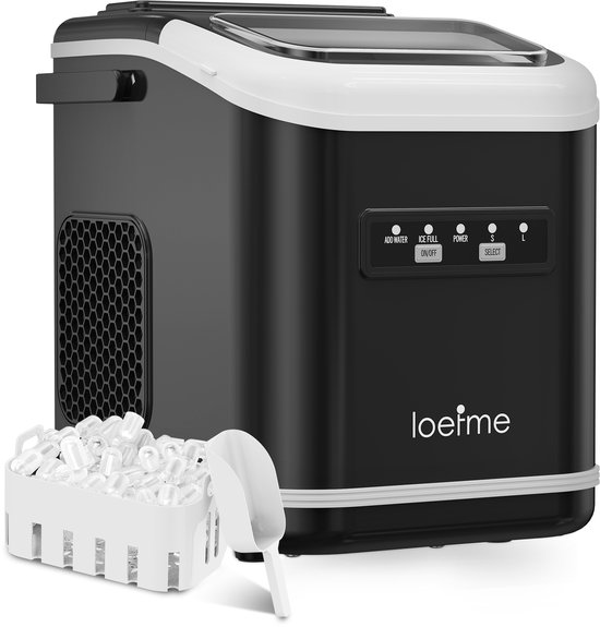 LOEFME IJsblokjesmachine - 1,4L - 12kg/24 uur - Bulletijs - IJsblokjesmaker - IJsschep, Ijsmand - Draagbaar - Zelfreinigingsfunctie - Zwart