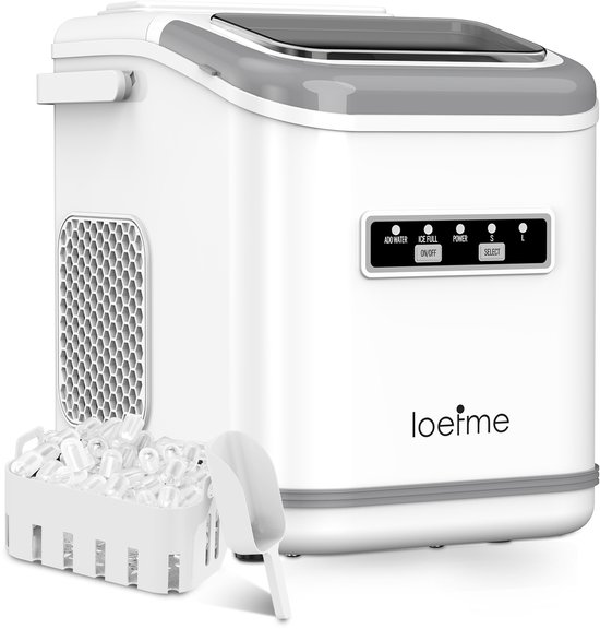 LOEFME IJsblokjesmachine – 1,4L – 12kg/24u – Bulletijs – Zelfreinigend – Draagbaar – Wit