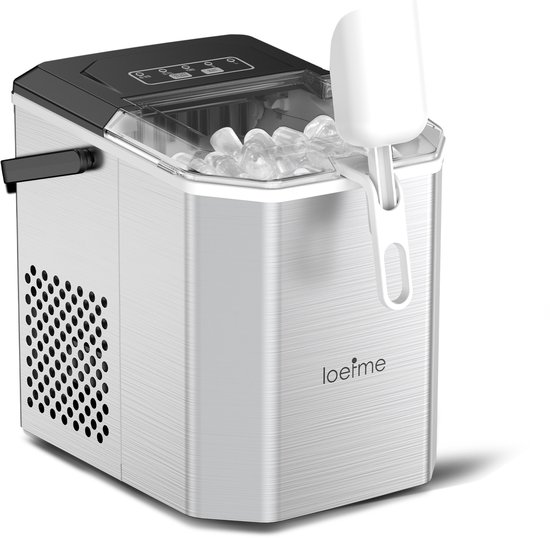 LOEFME RVS Ijsblokjesmachine - Ijsblokjesmaker met IJsschep & IJsmand - 1,2L - 12kg/24u - 6 min - Zelfreinigingsfunctie - Draaghandgreep - Zilver