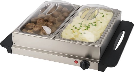 Lomera Buffetwarmer Elektrisch - Warmhoudplaat - Rvs Schalen - Transparante Deksels - Variabel Instelbare Temperatuur - Geïsoleerde Handgrepen - Oververhittingsbeveiliging - Anti-Slip Voetjes - Aan/Uit Schakelaar