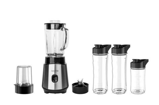 LOVIO Blender met Kan – 500W Krachtige Blender met 3 BPA-vrije Tritan Flessen en Koffie- & Notenmolen – Glazen Kan 600ml, RVS Messen van LOVIO