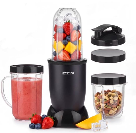Löwenthal Nutri Blender 600W - Smoothie Blender met 3 Bekers (2x 500 ml en 1x 300 ml) - Inclusief Drinkdeksel voor Onderweg - RVS Messen en Pulsefunctie - Voor Smoothies, Eiwitshakes, Sauzen en Dressings - Compact met Antislipvoetjes - Zwart van Löwenthal