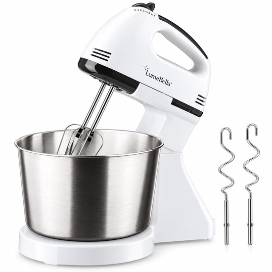 LumaBella B-2012 Handmixer met Mengkom en Standaard – 2 Liter RVS Mengkom – 250W – 7 Snelheden + Turbofunctie – Inclusief 2 Gardes en 2 Deeghaken – Wit van LumaBella