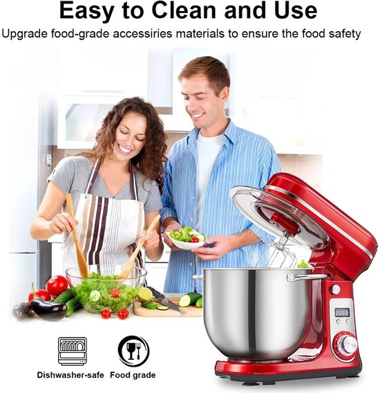 Lunekiss 6L keukenmixer met 1200W stille DC‑motor, 6 snelheden, LED‑timer, RVS mengkom en accessoires – Grijs van Merkloos