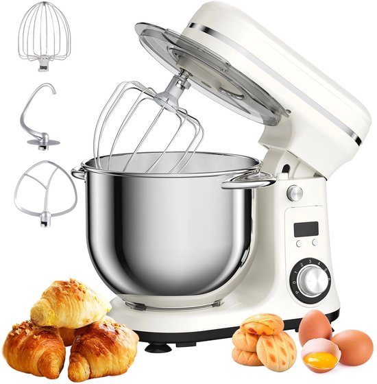 Lunekiss 6L keukenmixer met 1200W stille DC‑motor, 6 snelheden, LED‑timer, RVS mengkom en accessoires – Wit van Merkloos