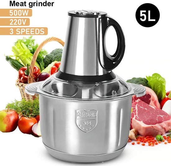 Lunekiss Hakmolen 5L RVS 304 – Elektrische Vlees- & Groentehakker 500W – 5-Blads Mes – Babyvoeding & Hondenvoer van Merkloos