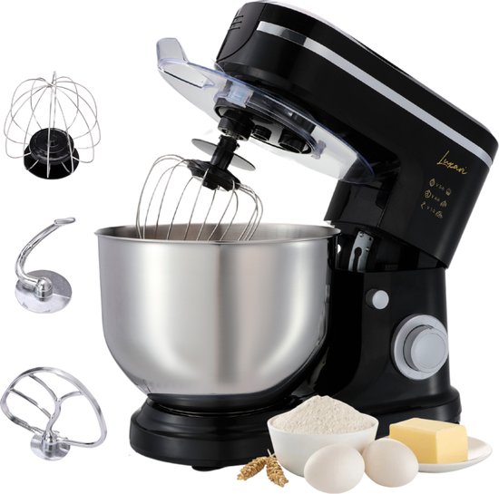 Luxari Keukenmachine - Incl. Spatscherm, 3 Opzetstukken - 6 Snelheden - 6L Mengkom - 1500W - Keukenrobot - Foodprocessor - Keukenmixer - Zwart van Luxari