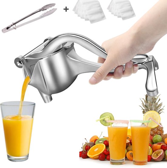 Luxe Handmatige Fruitpers - Hefboom Citruspers - Geschikt voor Granaatappels & Sinaasappels - Premium Design - Inclusief IJstang & 10 Filterzakjes - Fruitpers - Zilver van Merkloos