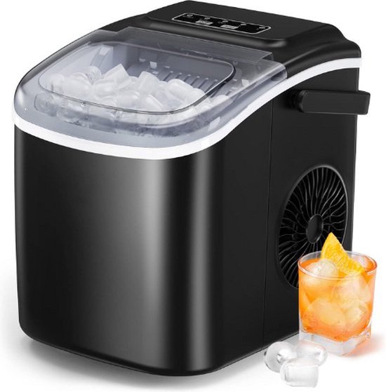 Luxe Ijsblokjesmachine – Ijsblokjesmaker – Zelfreinigend – Inclusief Schep – 12 KG Capaciteit – 2 Maten Ijsblokjes – Geruisloos – 6 Minuten – Display – Zwart van Monzana