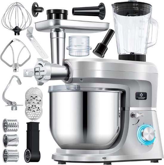 Luxe Keukenrobot – 3 in 1 Keukenmachine – Foodprocessor – Keukenmixer – Worstenmaker – Snijmachine – Raspen – Deegmachine – 1.5L – 1700W – Zilver van Luxe