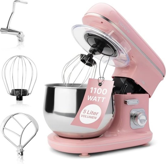 Luxe Roterende Deegmachine – Multifunctionele Deegmixer – Kneedmachine – Inclusief Spatdeksel & Navulopening – 1100W – RVS – Roze van Luxe