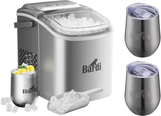 Luxe volledige set met 3 Bardi RVS dubbelwandige thermosbekers - koffiebekers - Bardi Deluxe IJsblokjesmachine 1.2L – IJsblokmaker Inclusief Luxe Thermosbeker en IJsschep – 9 Blokjes in 8 Minuten – RVS van Bardi